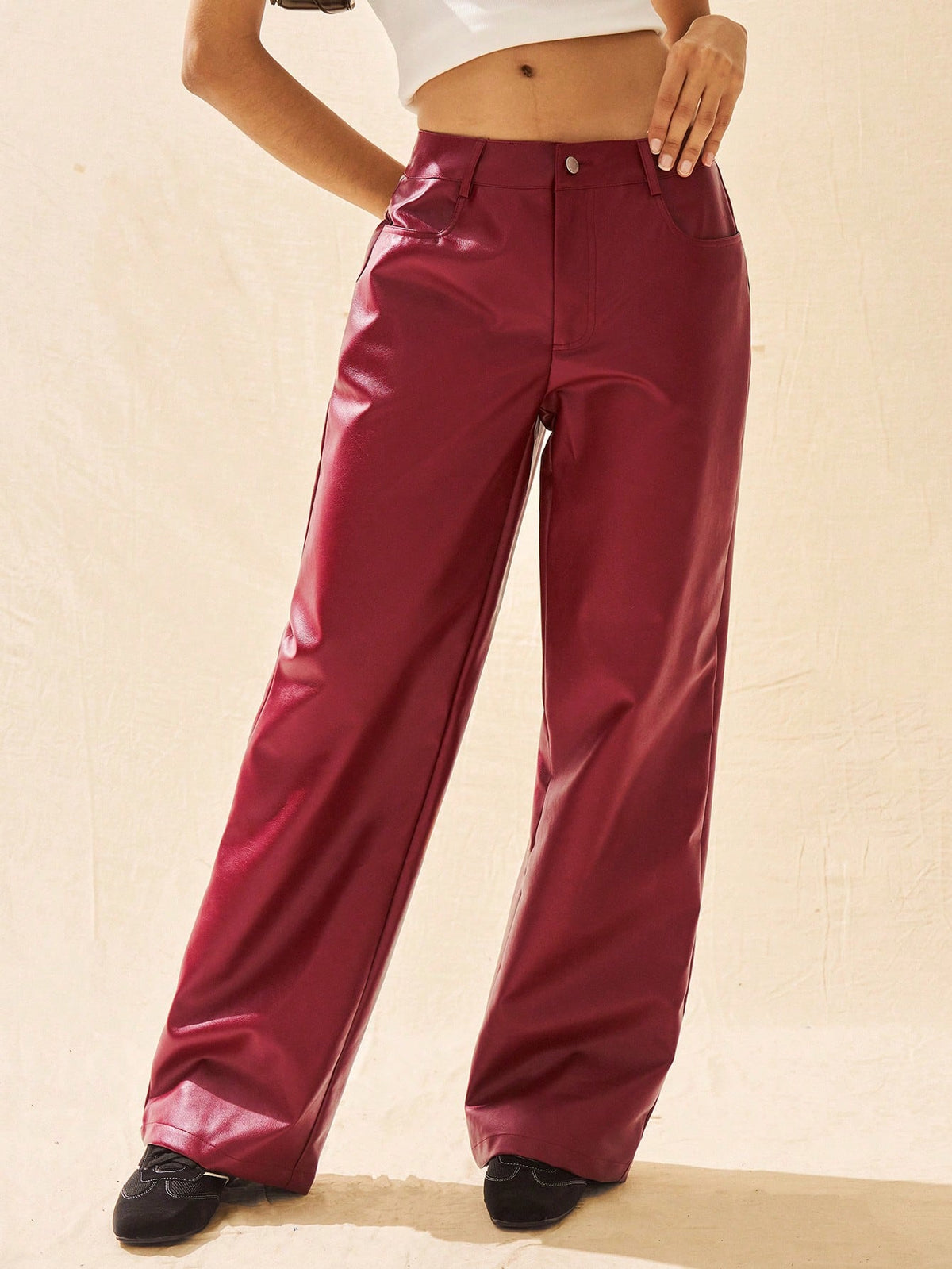 Pocket Loose PU Leather Wide Leg  Pants