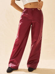 Pocket Loose PU Leather Wide Leg  Pants