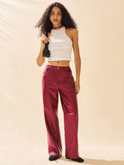 Pocket Loose PU Leather Wide Leg  Pants
