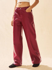 Pocket Loose PU Leather Wide Leg  Pants