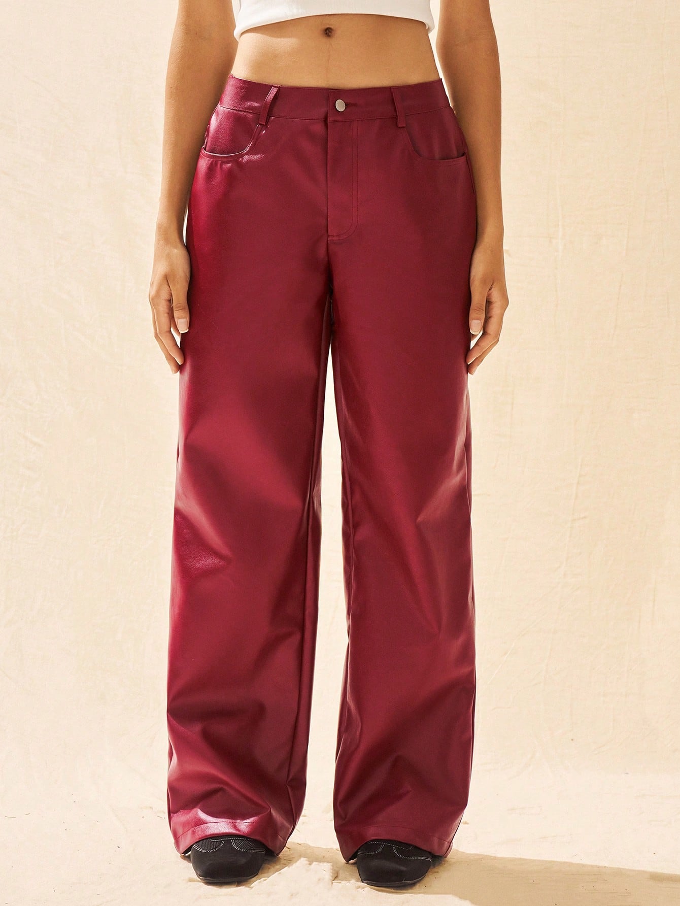 Pocket Loose PU Leather Wide Leg  Pants