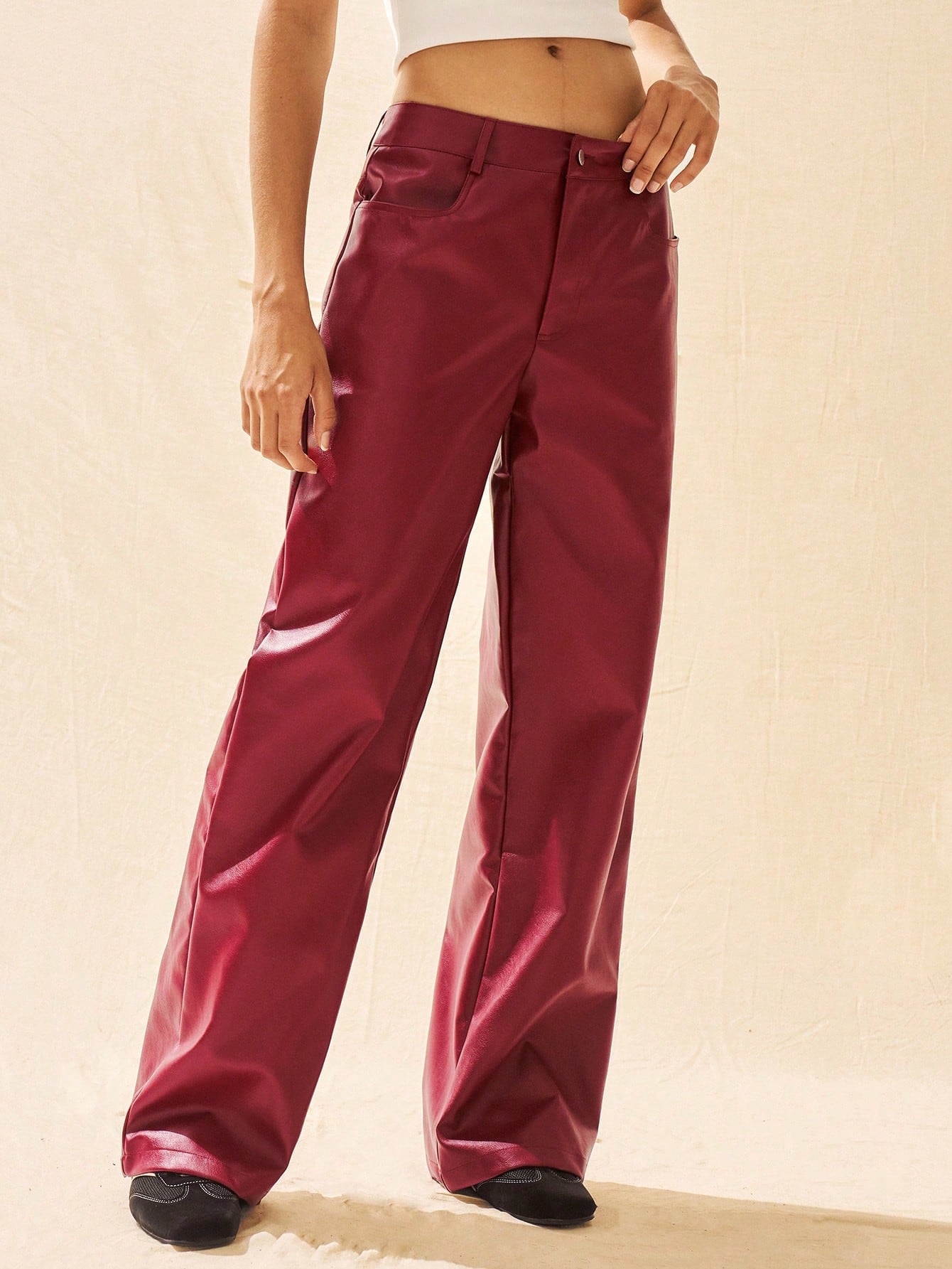 Pocket Loose PU Leather Wide Leg  Pants