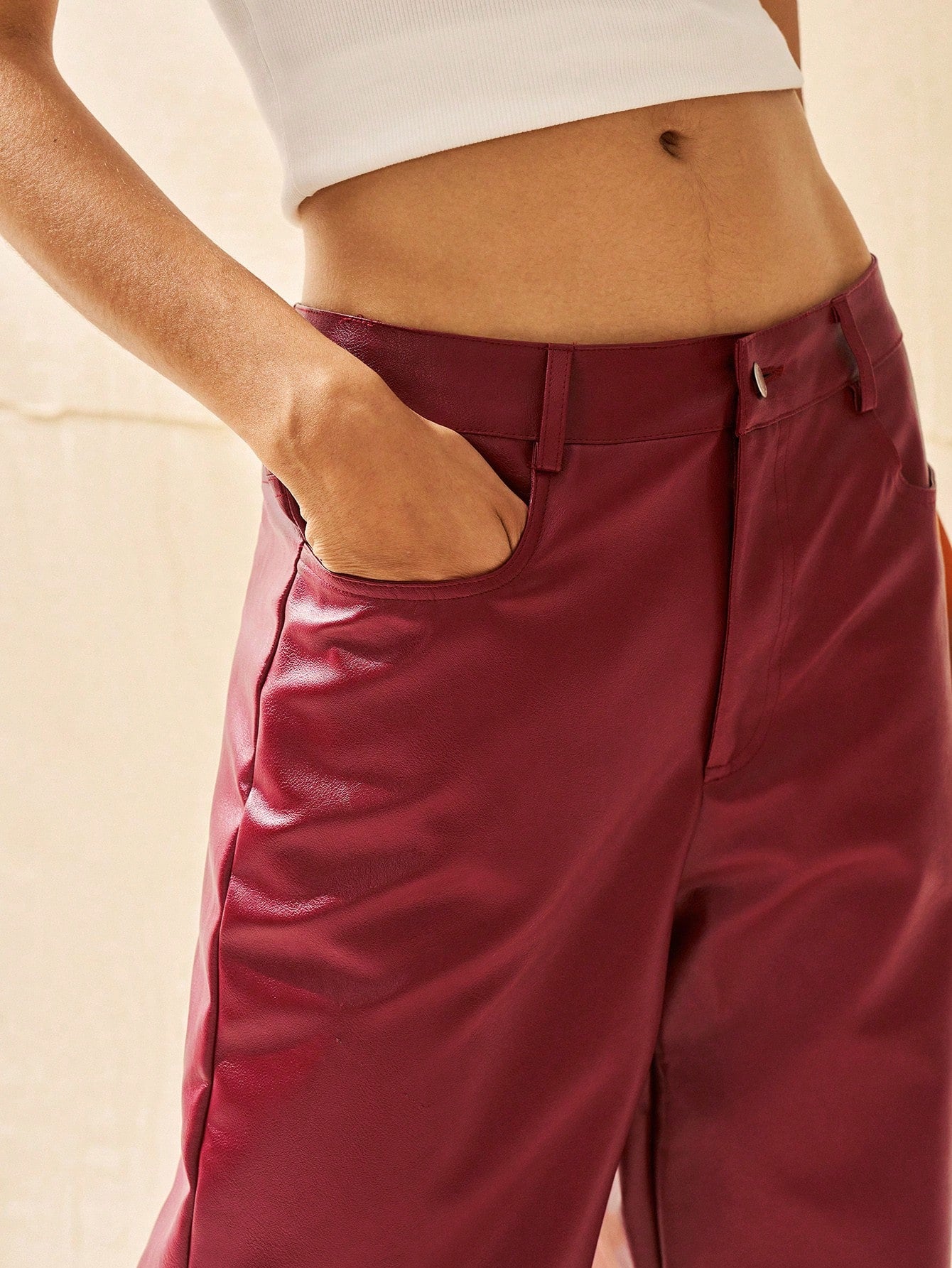 Pocket Loose PU Leather Wide Leg  Pants