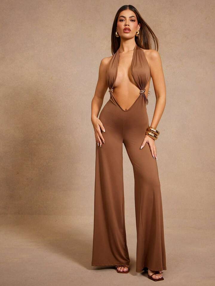 Plunge Neck Backless Wide Leg Jumpsuit