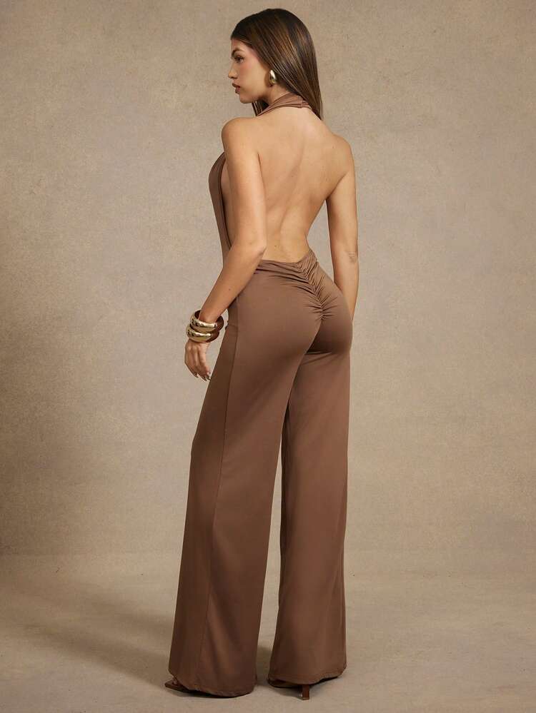 Plunge Neck Backless Wide Leg Jumpsuit