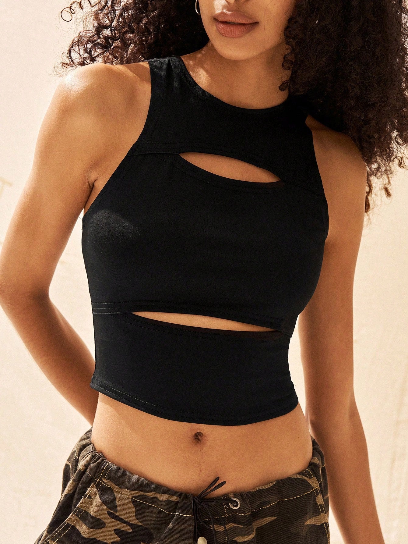 Crew Neck Sleeveless Hollow Simple Top