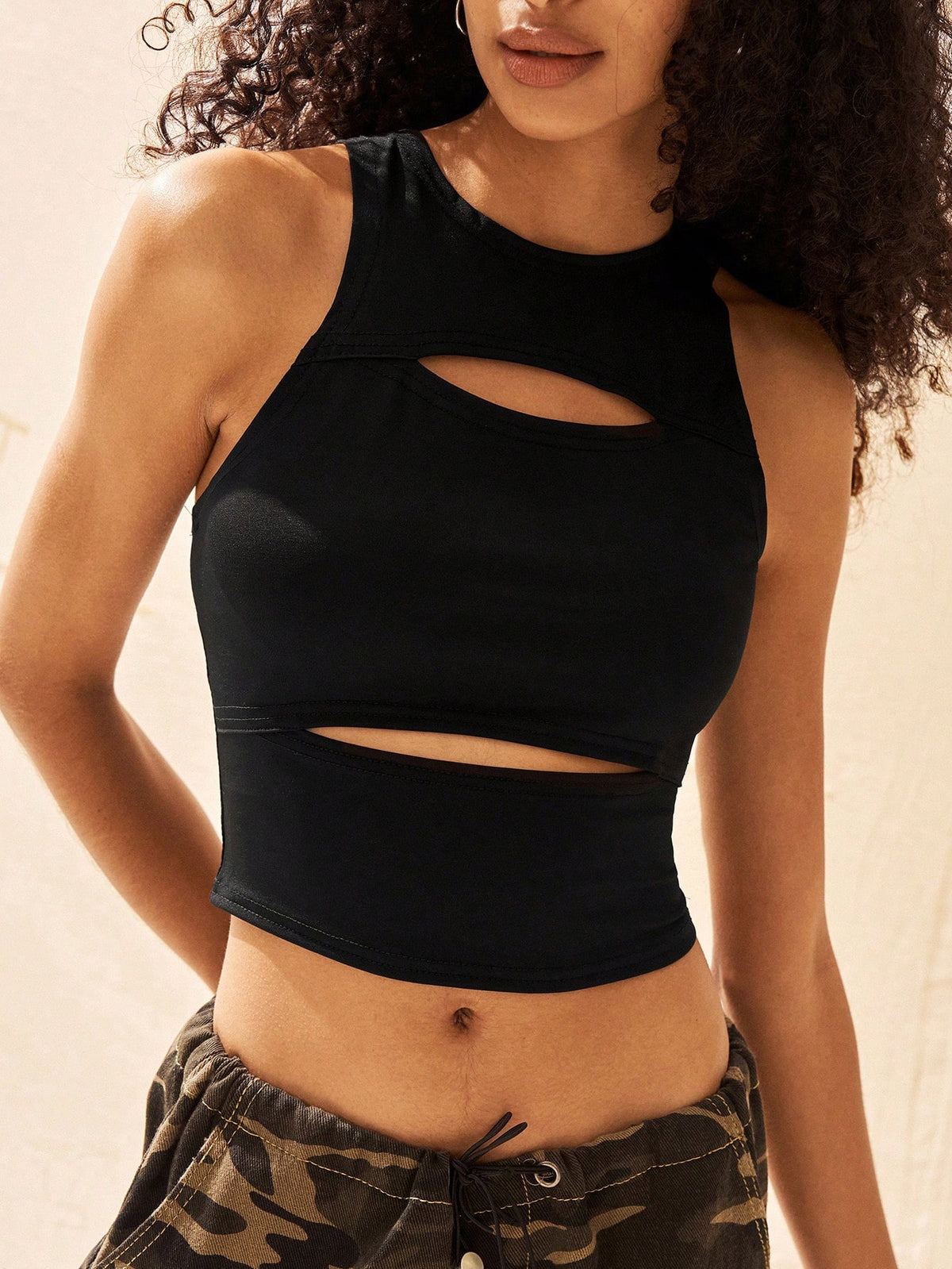 Crew Neck Sleeveless Hollow Simple Top - ED