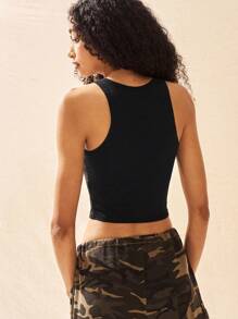 Crew Neck Sleeveless Hollow Simple Top