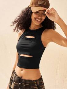 Crew Neck Sleeveless Hollow Simple Top