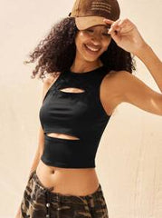 Crew Neck Sleeveless Hollow Simple Top - ED