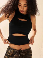 Crew Neck Sleeveless Hollow Simple Top - ED