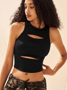Crew Neck Sleeveless Hollow Simple Top