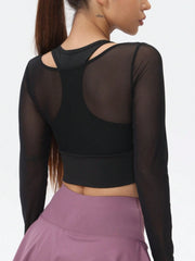 Mesh Long Sleeve Short Yoga T-Shirt With Built-In Padded Bra