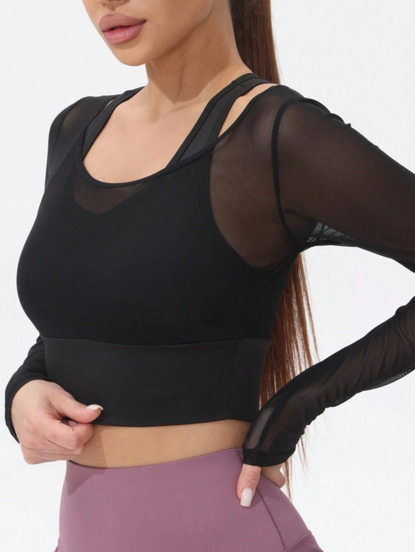 Mesh Long Sleeve Short Yoga T-Shirt With Built-In Padded Bra