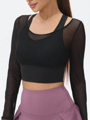 Mesh Long Sleeve Short Yoga T-Shirt With Built-In Padded Bra
