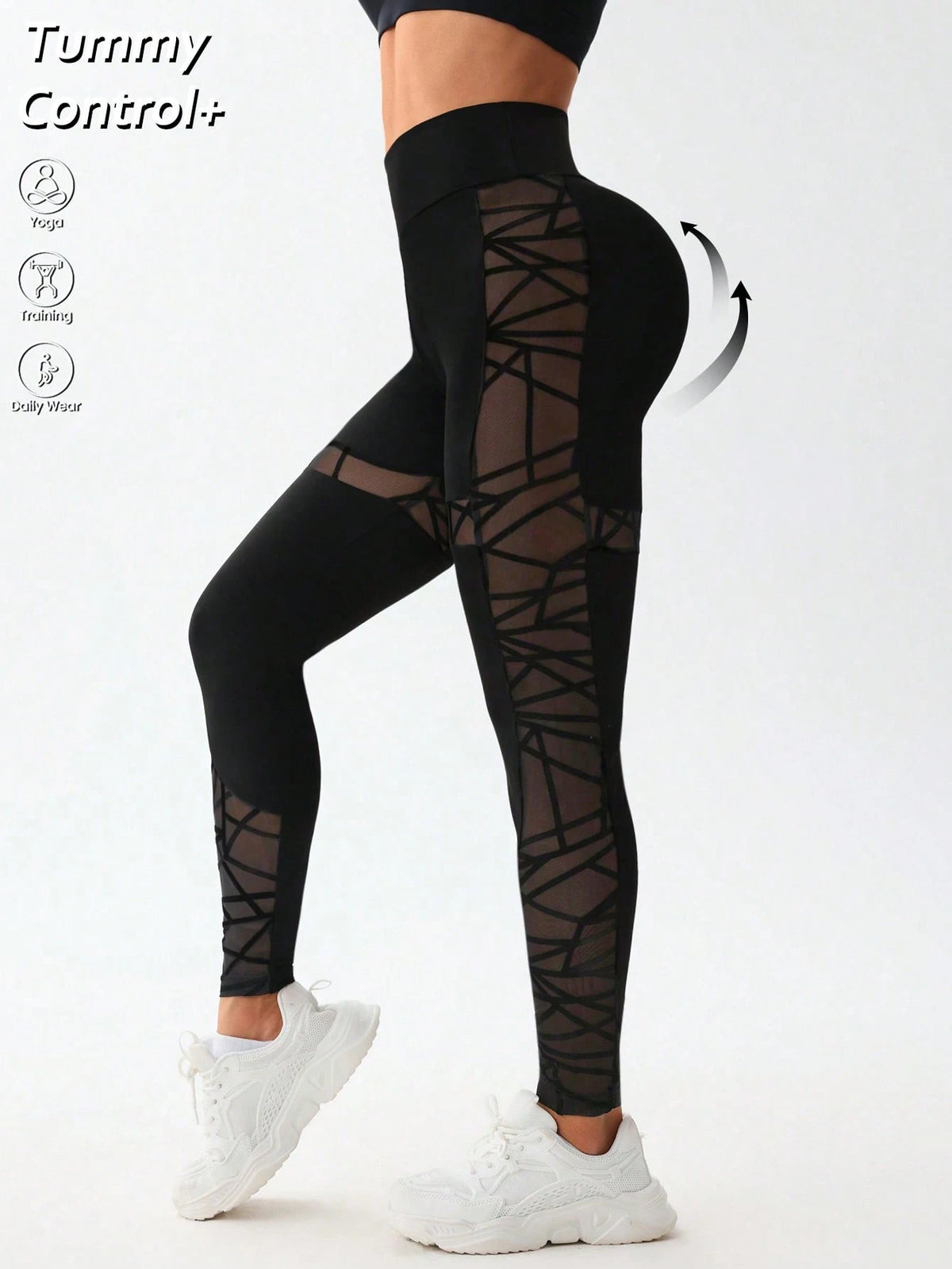 Patchwork Flocked Striped Mesh Sports Leggings