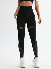 Patchwork Flocked Striped Mesh Sports Leggings