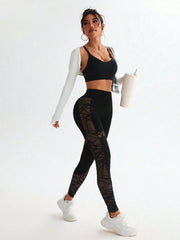 Patchwork Flocked Striped Mesh Sports Leggings
