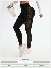 Patchwork Flocked Striped Mesh Sports Leggings