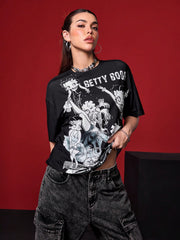 Betty Boop Street Cartoon Mottled Retro Black And White Letter Graphic Loose T-Shirt