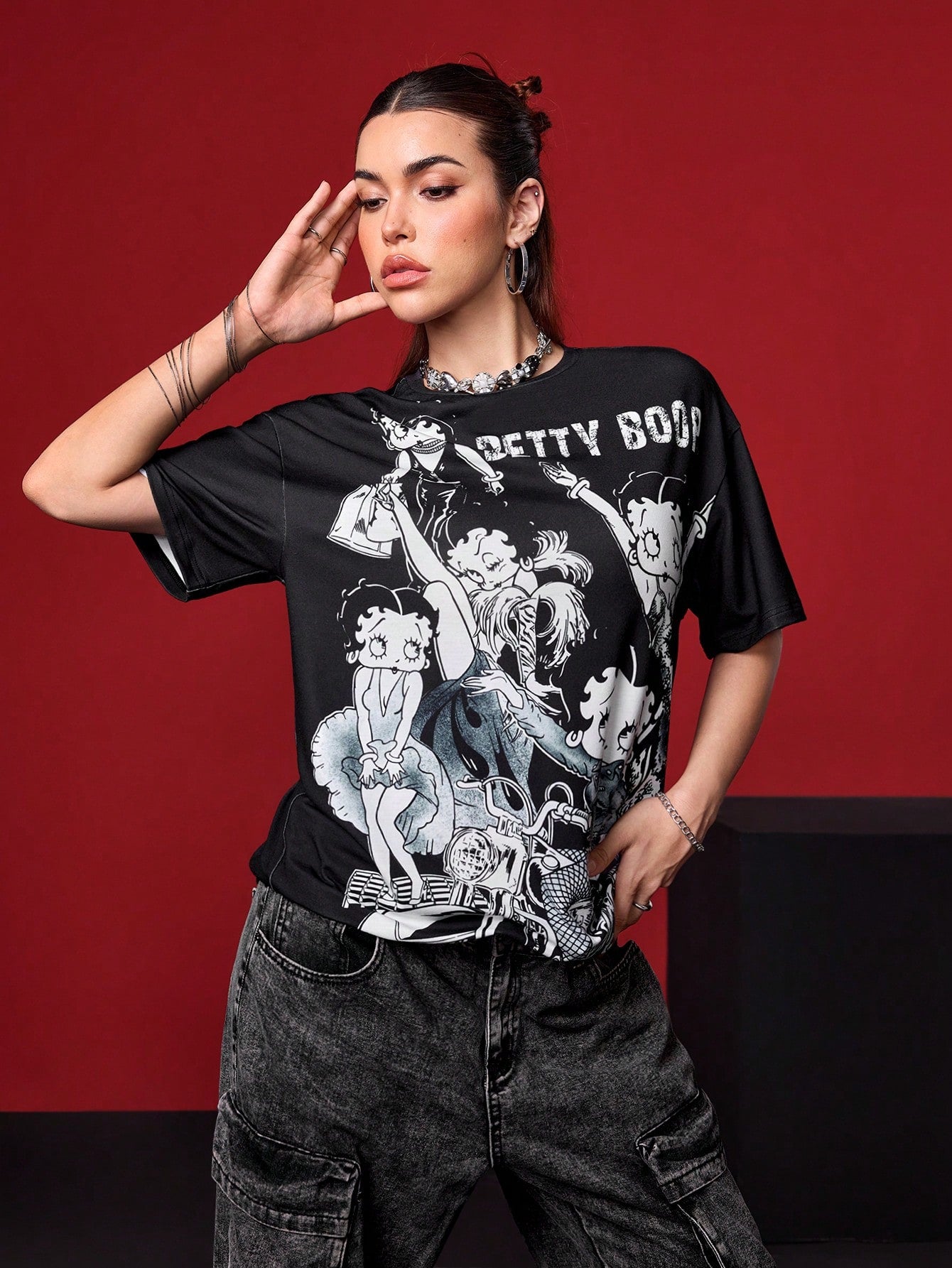 Betty Boop Street Cartoon Mottled Retro Black And White Letter Graphic Loose T-Shirt