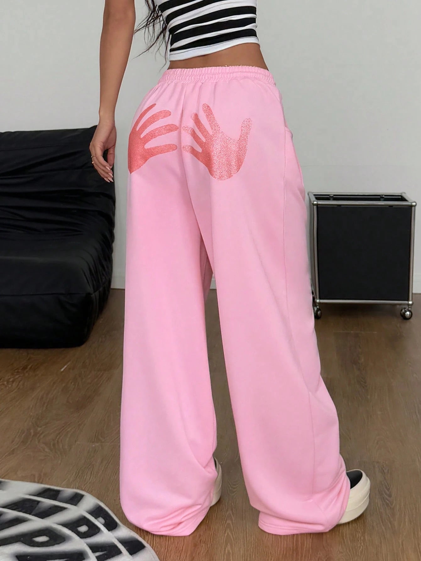 Sparkly Rhinestone Graphics Baggy Low Rise Wide Leg Pants