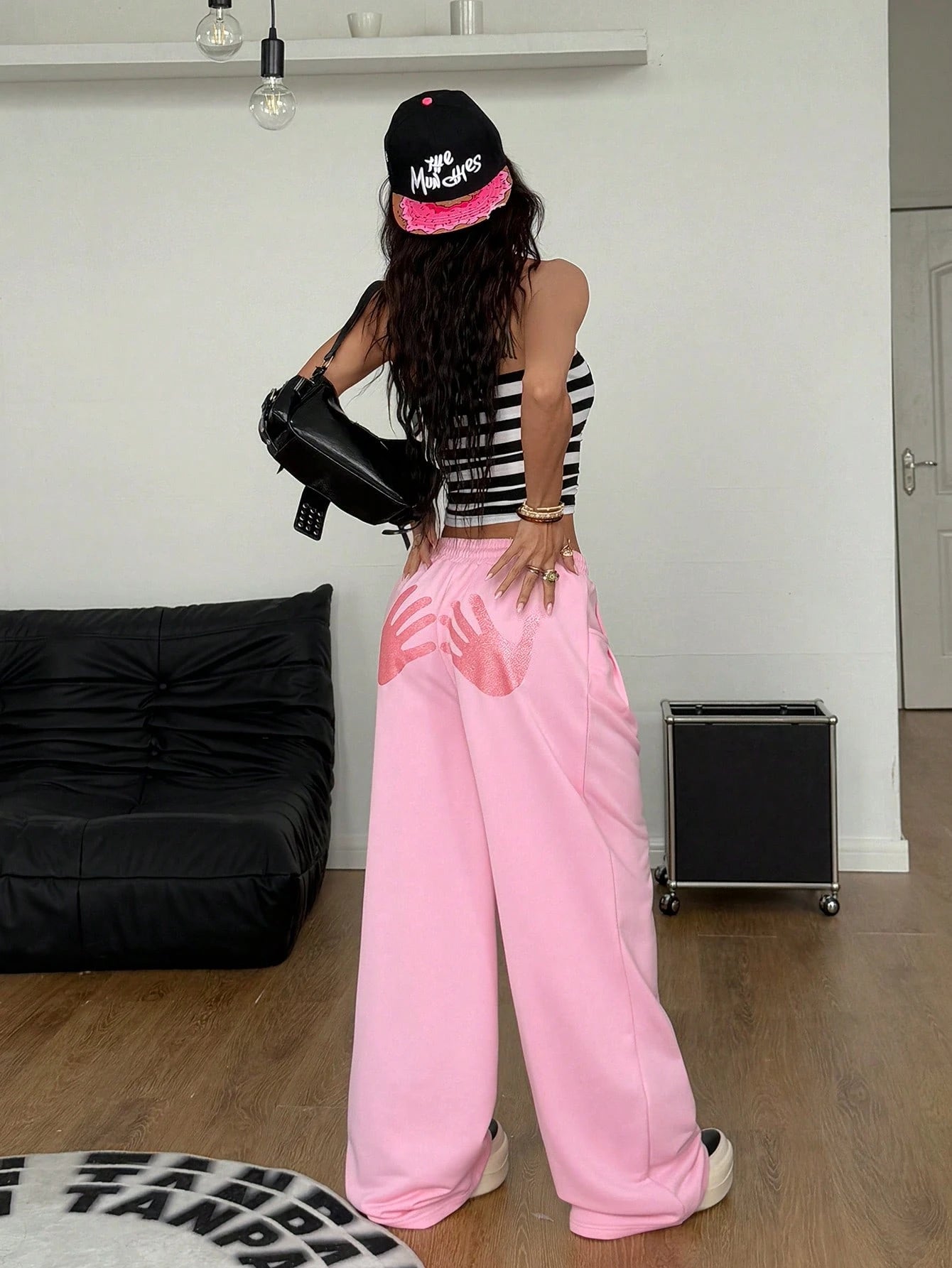 Sparkly Rhinestone Graphics Baggy Low Rise Wide Leg Pants