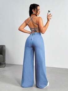 Open Back Spaghetti Strap Denim Jumpsuit