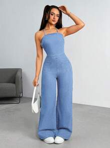 Open Back Spaghetti Strap Denim Jumpsuit