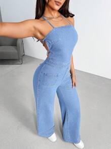Open Back Spaghetti Strap Denim Jumpsuit