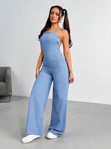 Open Back Spaghetti Strap Denim Jumpsuit