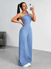 Open Back Spaghetti Strap Denim Jumpsuit