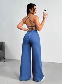 Open Back Spaghetti Strap Denim Jumpsuit