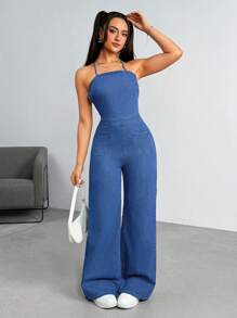 Open Back Spaghetti Strap Denim Jumpsuit