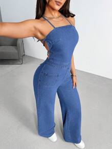Open Back Spaghetti Strap Denim Jumpsuit