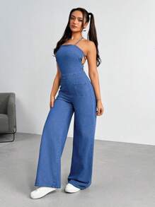 Open Back Spaghetti Strap Denim Jumpsuit
