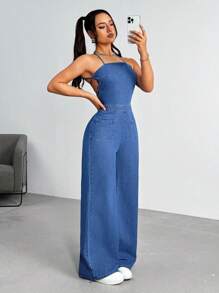 Open Back Spaghetti Strap Denim Jumpsuit