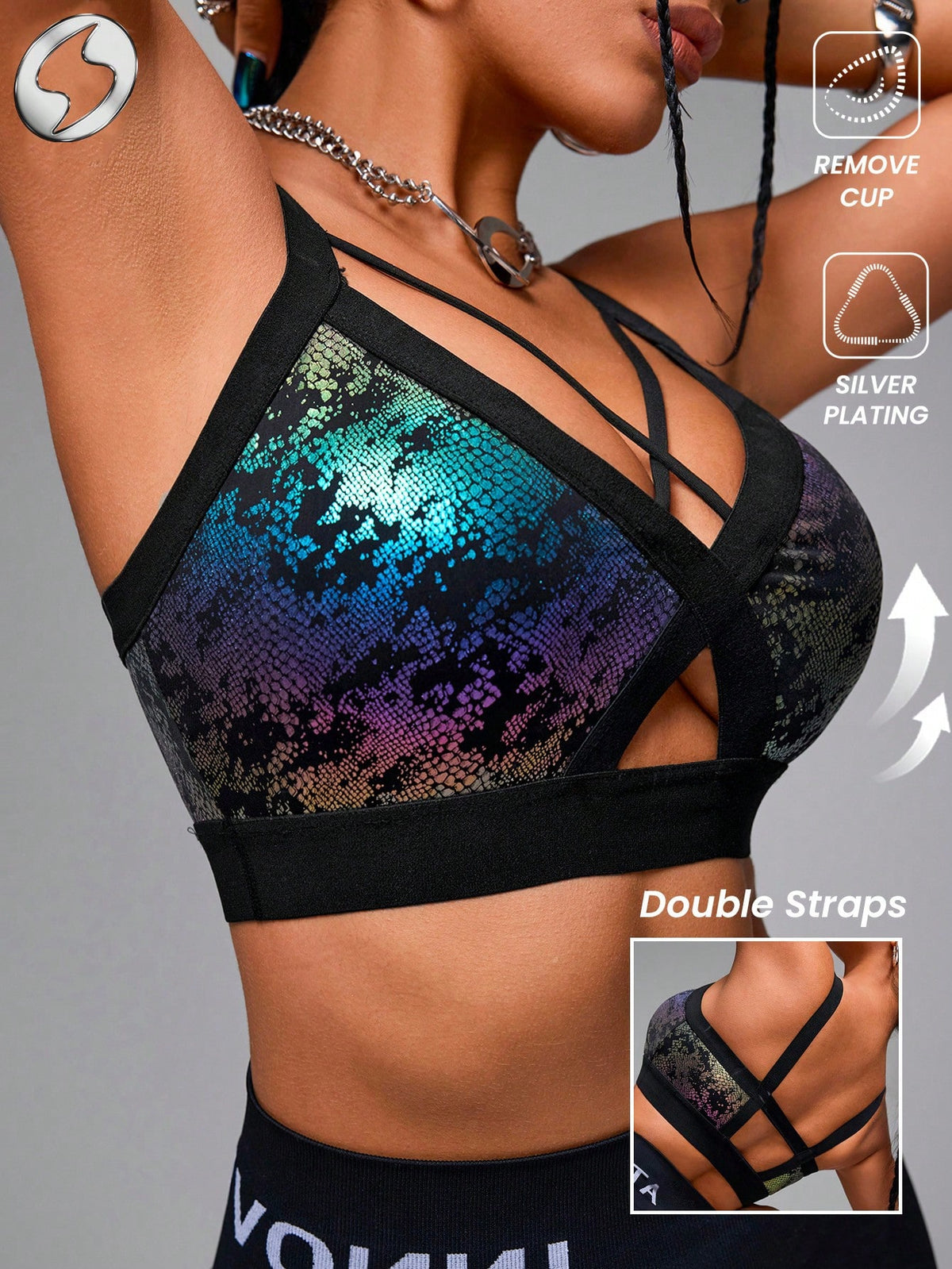 Faux Leather & Metallic Shine Padded Sports Bra - ED