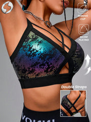 Faux Leather & Metallic Shine Padded Sports Bra - ED