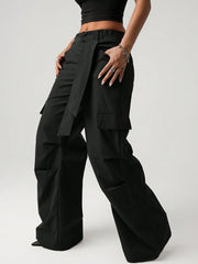 Streetwear Low Waist Loose Wide Leg Trousers With Asymmetrical Waist Belt