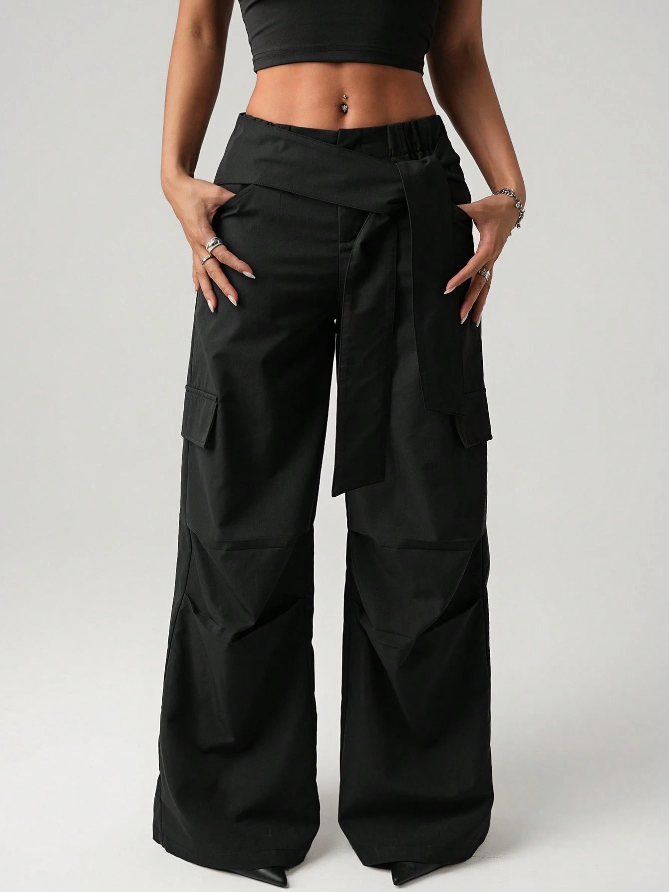 Streetwear Low Waist Loose Wide Leg Trousers With Asymmetrical Waist Belt
