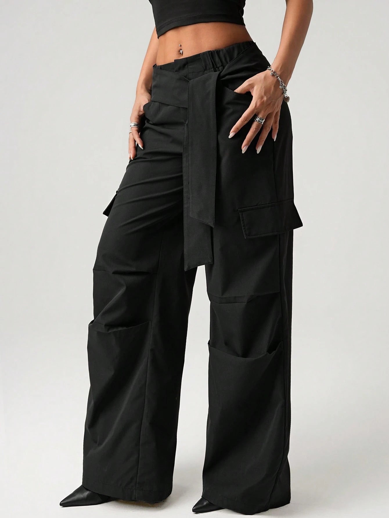 Streetwear Low Waist Loose Wide Leg Trousers With Asymmetrical Waist Belt