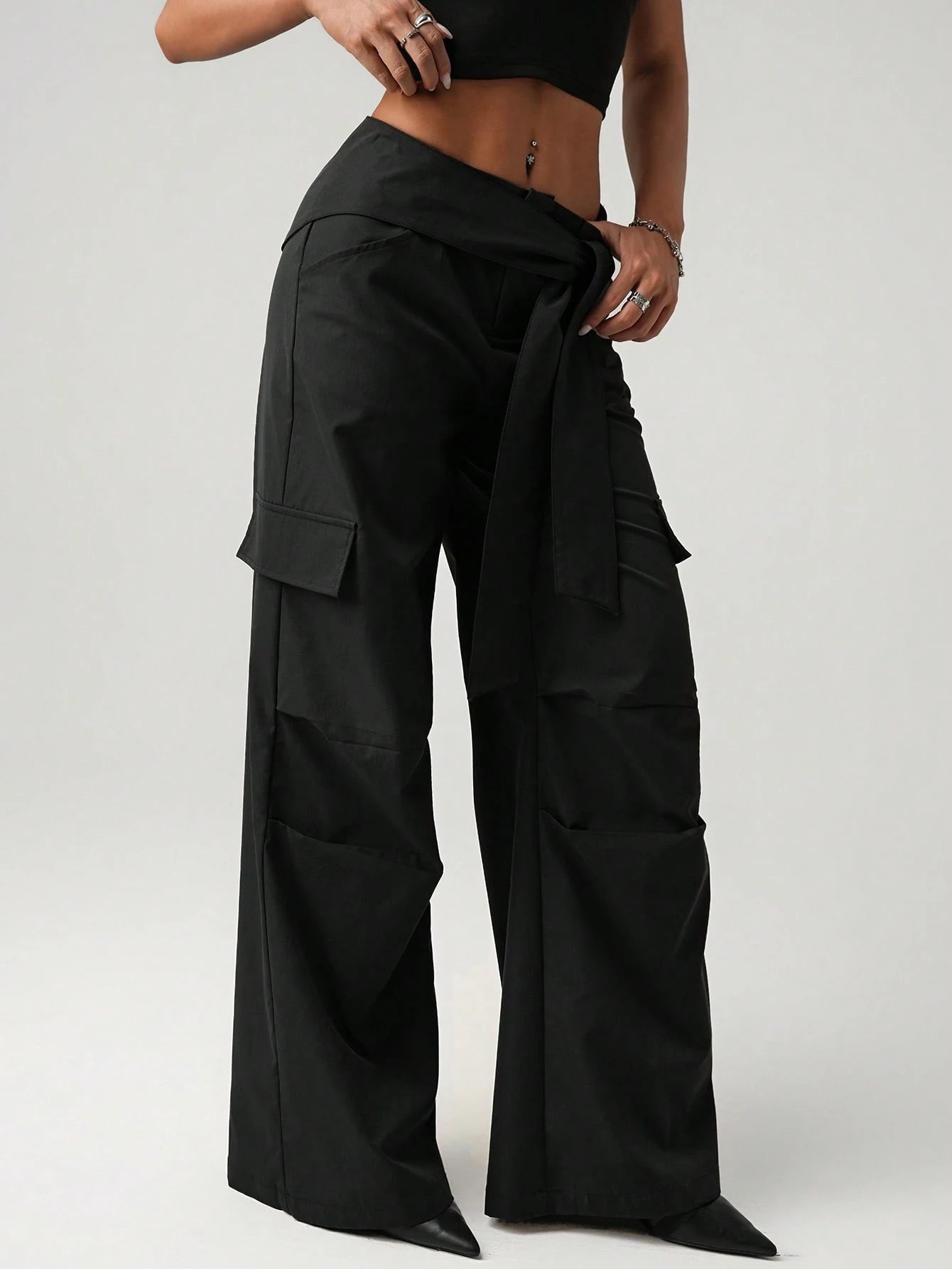 Streetwear Low Waist Loose Wide Leg Trousers With Asymmetrical Waist Belt