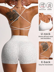 Leopard Print Criss-Cross Twist Strap Sports Bra And Shorts Yoga Set