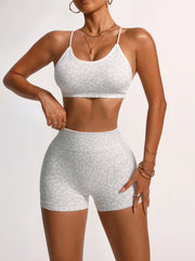 Leopard Print Criss-Cross Twist Strap Sports Bra And Shorts Yoga Set