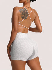 Leopard Print Criss-Cross Twist Strap Sports Bra And Shorts Yoga Set