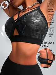 Faux Leather & Metallic Shine Padded Sports Bra
