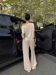 Short Sleeve Oblique Shoulder T-Shirt And Pant Set