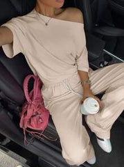 Short Sleeve Oblique Shoulder T-Shirt And Pant Set