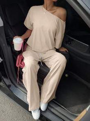 Short Sleeve Oblique Shoulder T-Shirt And Pant Set